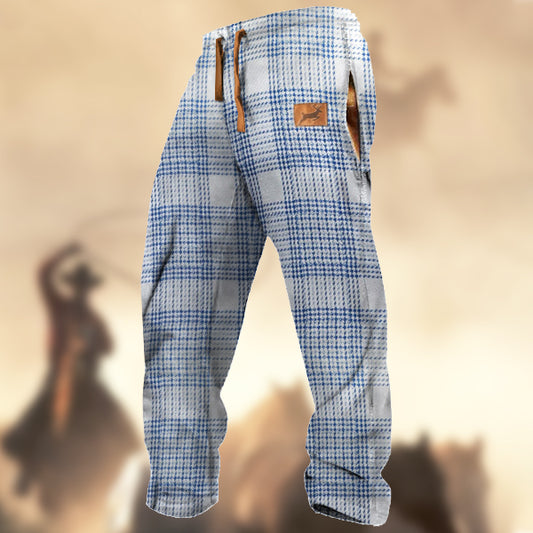 Men's Retro Blue & White Plaid Elk Sports Casual Sweatpants