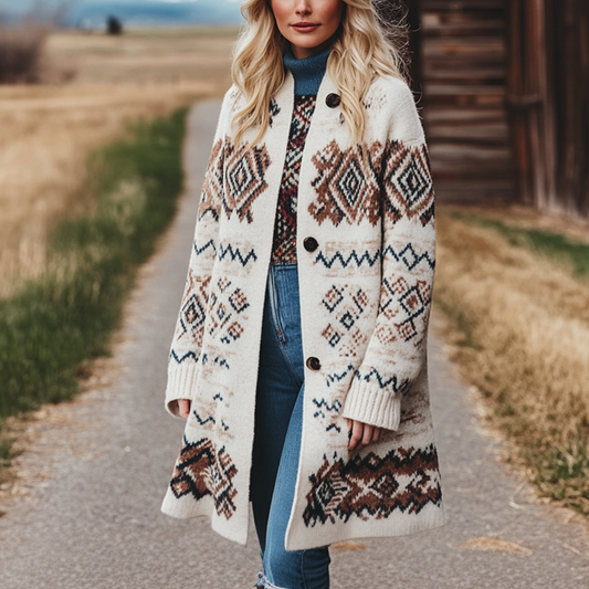 Women's Vintage Western Aztec Print Patterns Cream Color Long Sleeved Woolen Coat Jacket