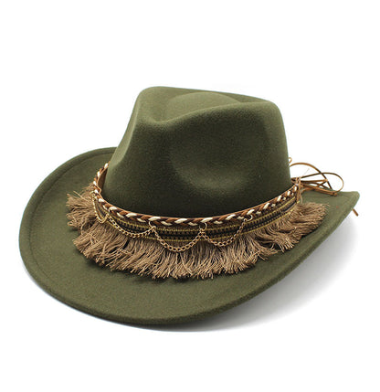 Unisex Fall Vintage Western Cowboy Woolen Tassel Sun Protection Wide Brim Hat