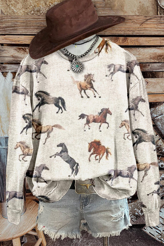 Retro Western Racing Horse Print Sweatshirt