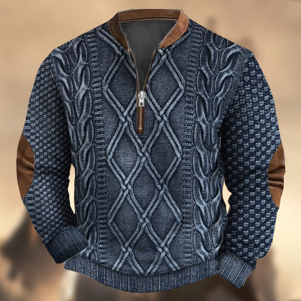 Men's Vintage Western Knit Print Zipper Stand Collar Casual Sweatshirt