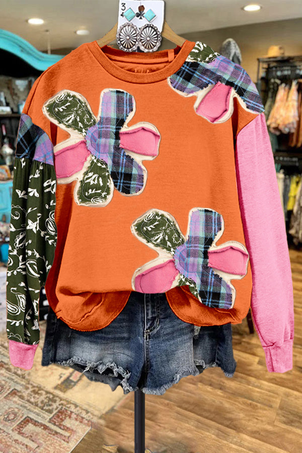 Flower Patchwork Print Contrast Color Sweatshirt