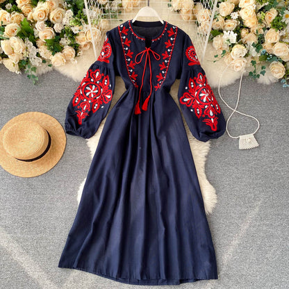 Bohemian Ethnic Style Embroidered Flower Round Neck Lantern Sleeve Long Dress Dresses