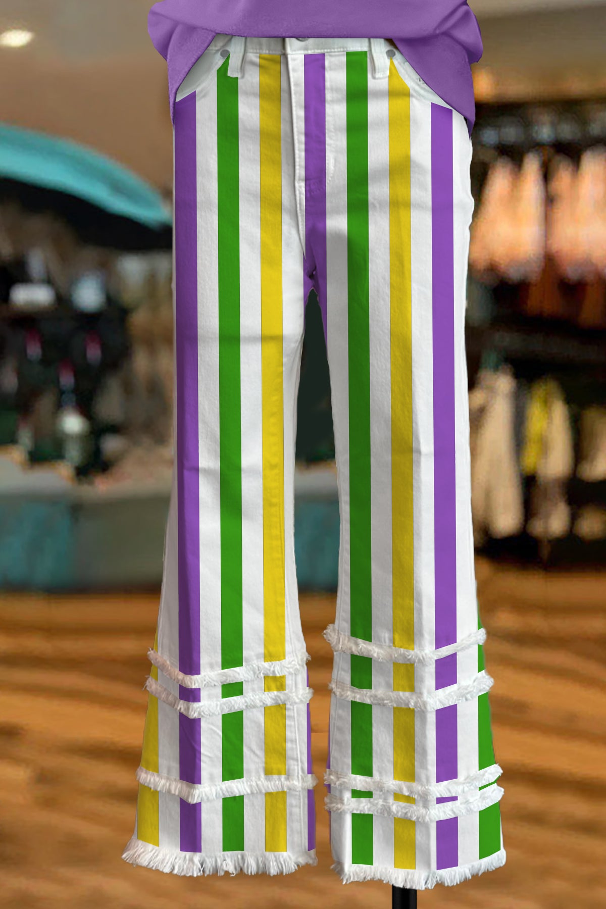 Classic Mardi Gras Stripe Print Raw Hem Pants