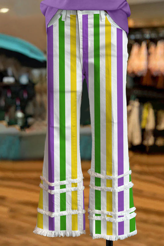 Classic Mardi Gras Stripe Print Raw Hem Pants