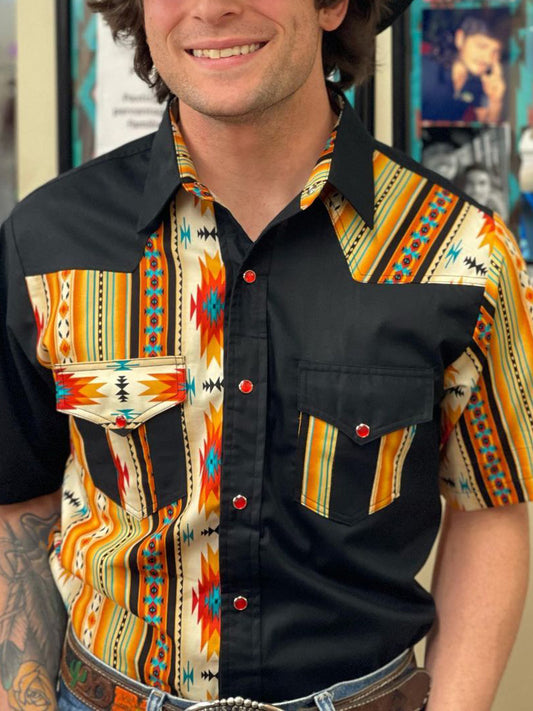 Men's Cowboy Striped Aztec Short Shirts