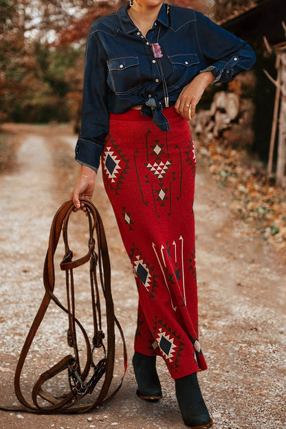 Retro Western Aztec Print Knit Maxi Skirt