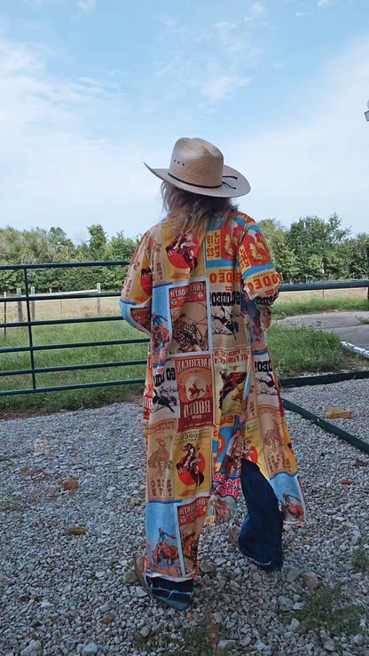 Vintage Rodeo Poster Button-Up Long Sleeve Shirt Duster Dress