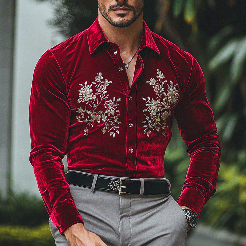 Men's Gentleman Regular Fit Crushed Embroidery Rose Red Velvet Shirt