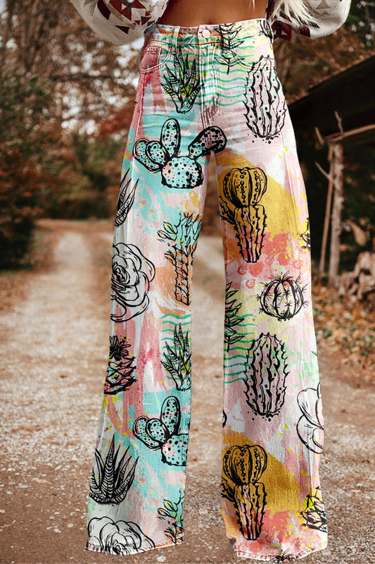 Vintage Western Cactus Print Wide Leg Trousers