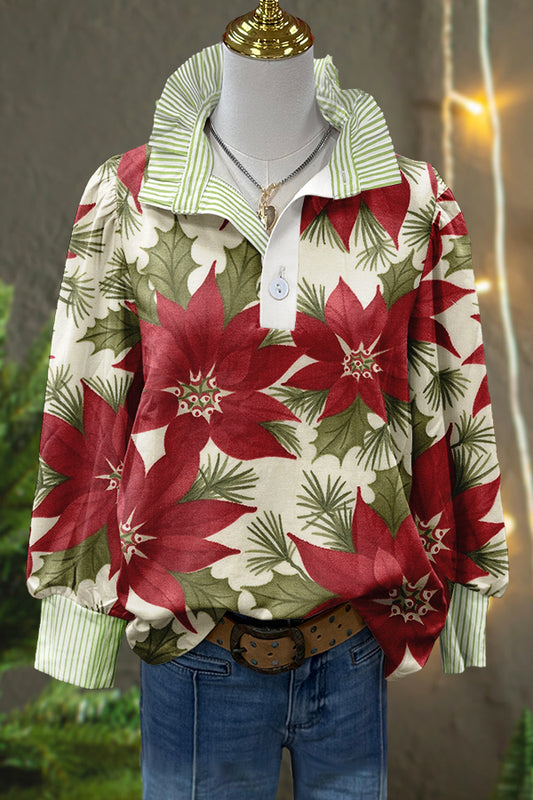 Chic Christmas Flowers Print Puff Sleeve Blouse