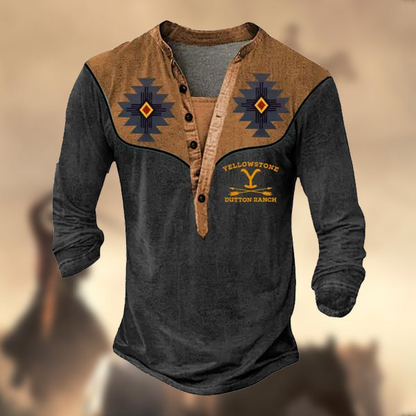 Men's Vintage Yellowstone Aztec Henley Print Long Sleeve T-Shirt