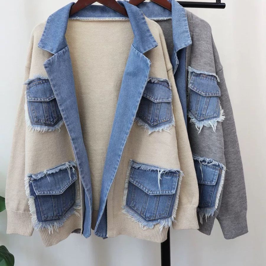 Denim Patchwork Sweater Jacket Design Loose Casual Versatile Knitted Cardigan