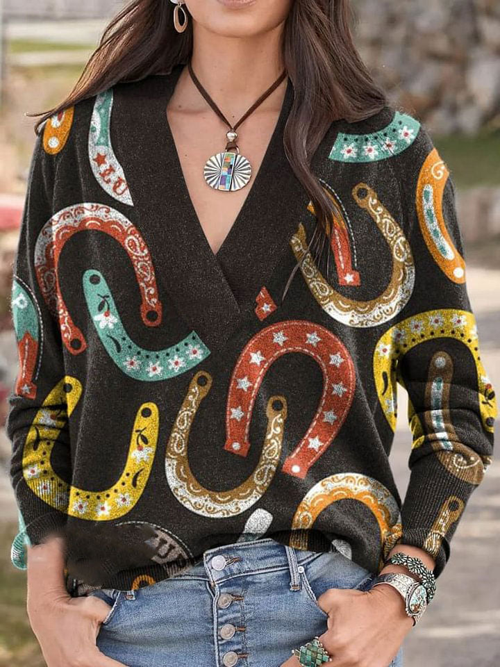 Colorful Pattern Horseshoe Print Knit V-neck Pullover Sweater