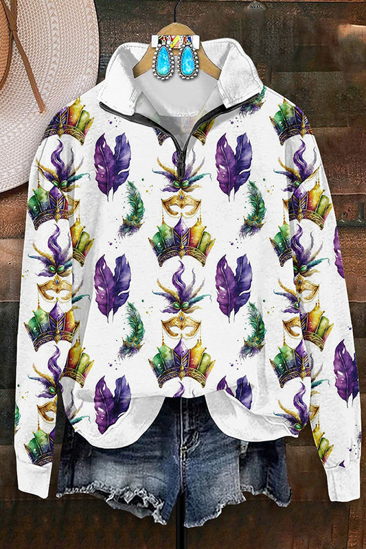 Vintage Mardi Gras Print Zip-Up Sweatshirt