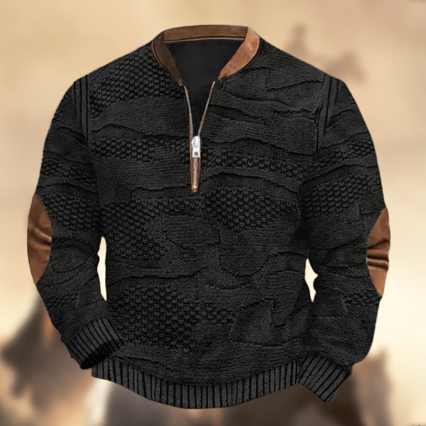 Men's Vintage Western Knit Print Zipper Stand Collar Casual Sweatshirt