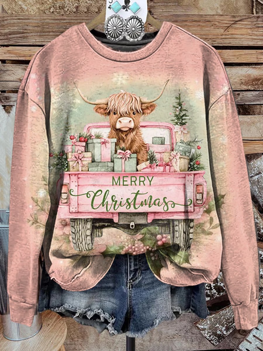 Pink Christmas Highland Cow Print Casual Sweatshirt