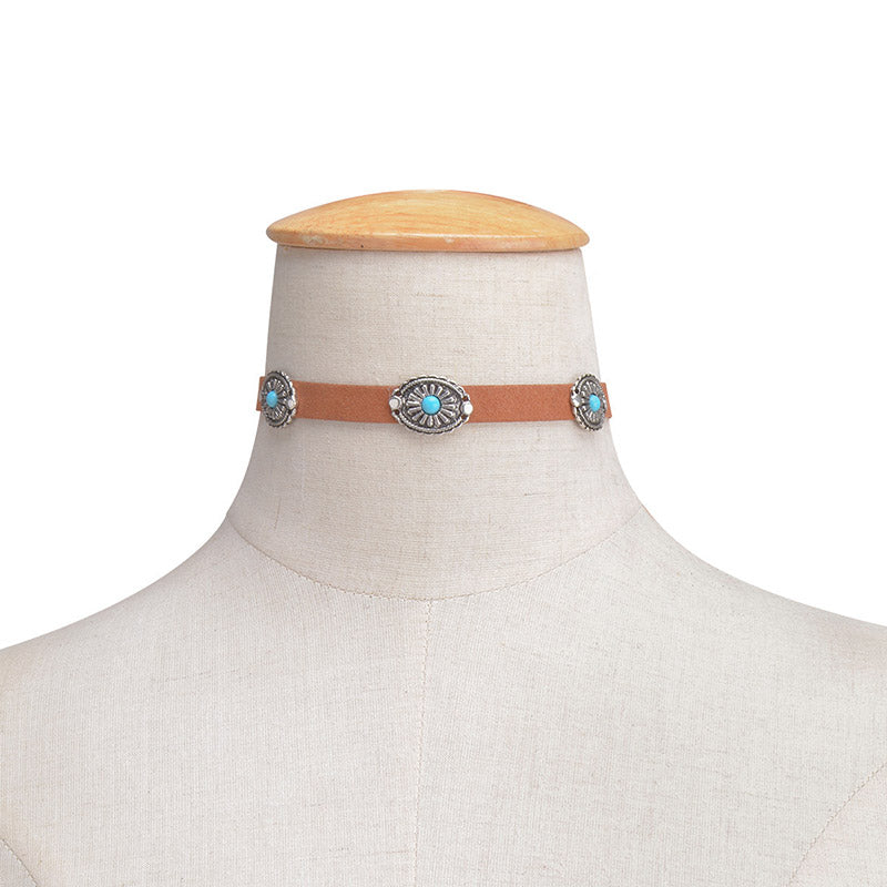 Bohemian Vintage Metal Platter Turquoise Choker