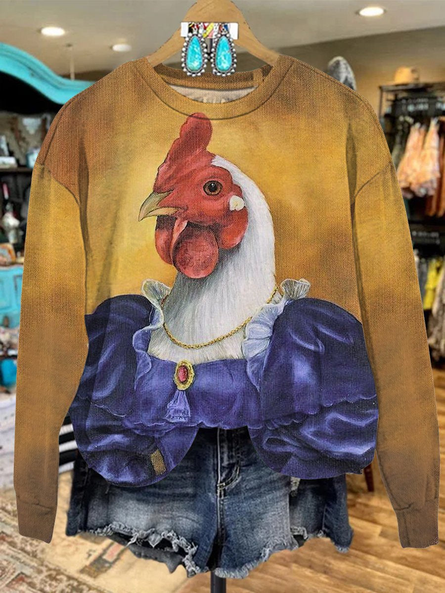 Vintage Medieval Noblewoman Chicken Print Casual Sweatshirt