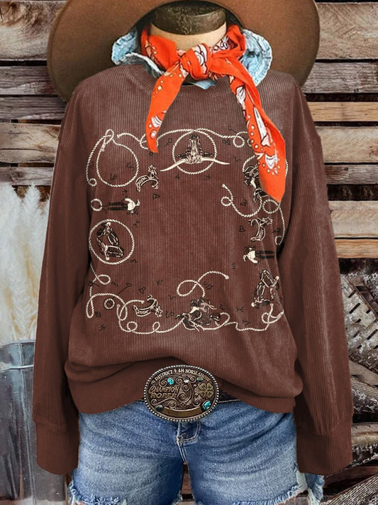 Women's Vintage Brown Western Cowboy Art Print Casual Corduroy Sweatshirt