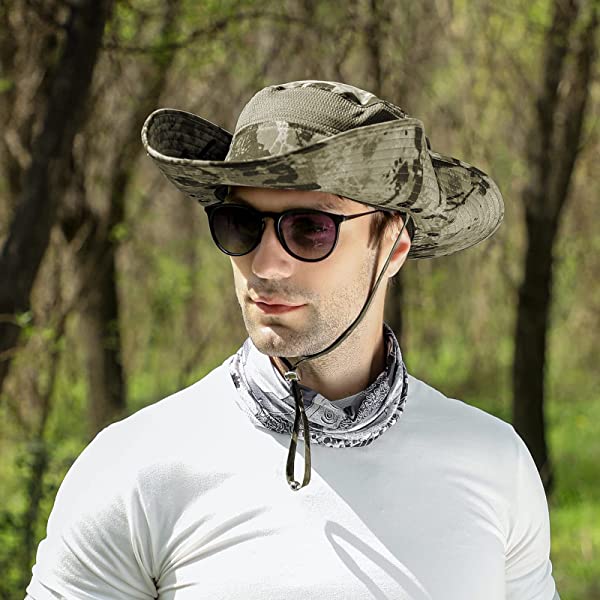 UPF 50+ Sun Fishing Hat for Men Women Wide Brim Hat with Detachable Face Cover & Neck Flap Khaki