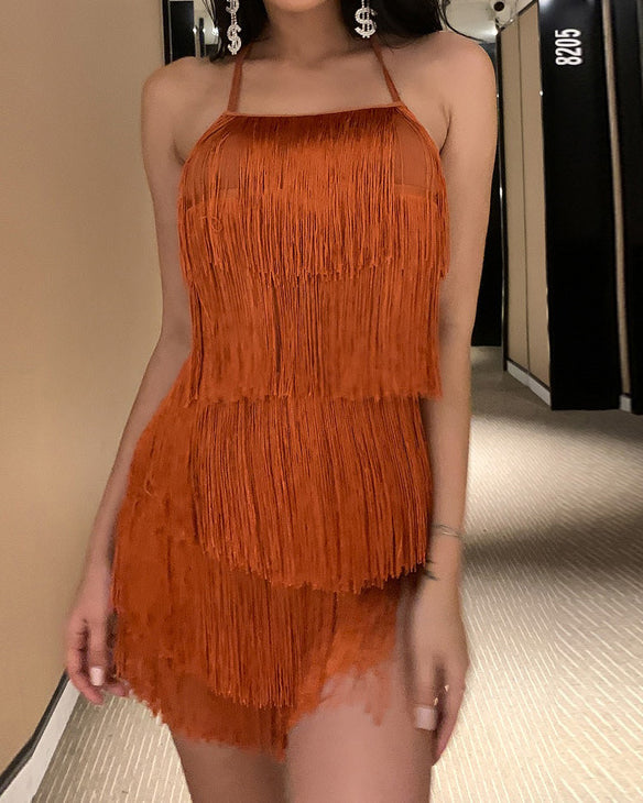 Halter Neck Fringed Backless Dress