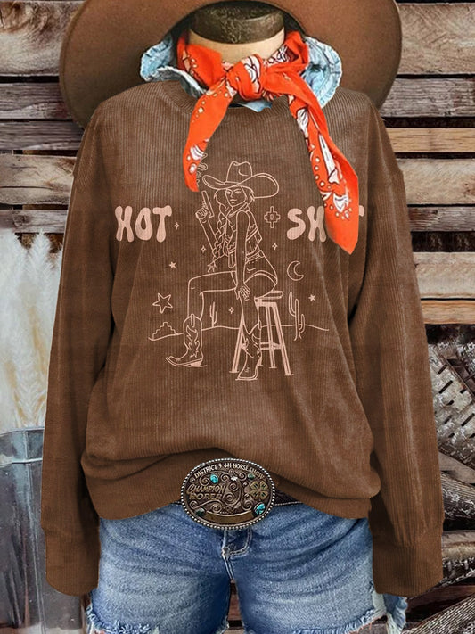 Women's Vintage Brown Pistol Cowgirl Print Casual Corduroy Sweatshirt