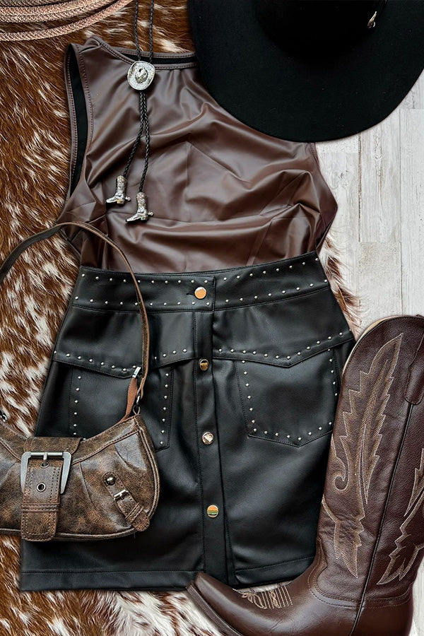 Studded Buttoned Leather Skirt