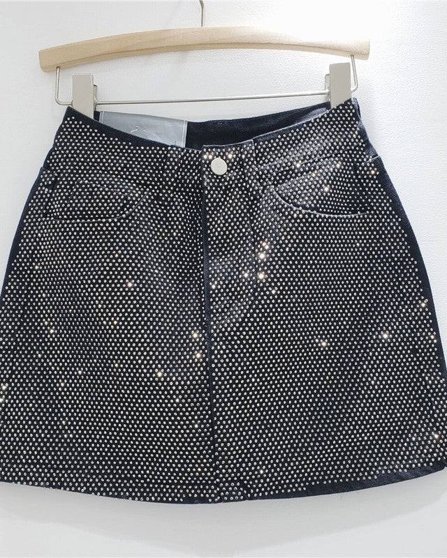 Hot Rhinestoned Denim Hip-Hugging Short Skirt