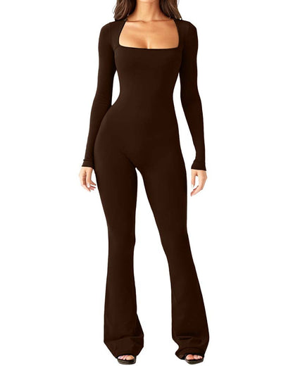 Long Sleeve Wide Collar Slim Fit Yoga Jumpsuit