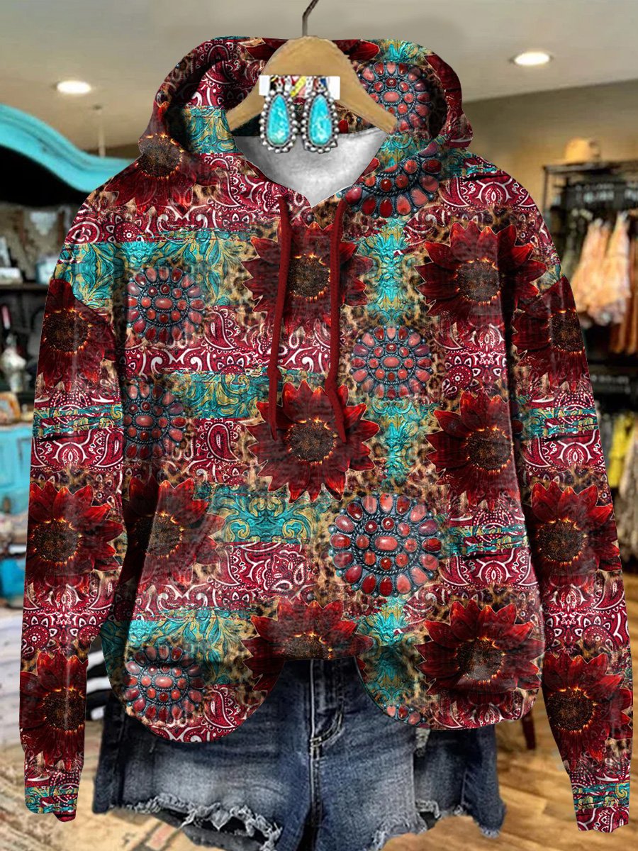 Vintage Paisley Red Floral Art Print Casual Hoodie Sweatshirt