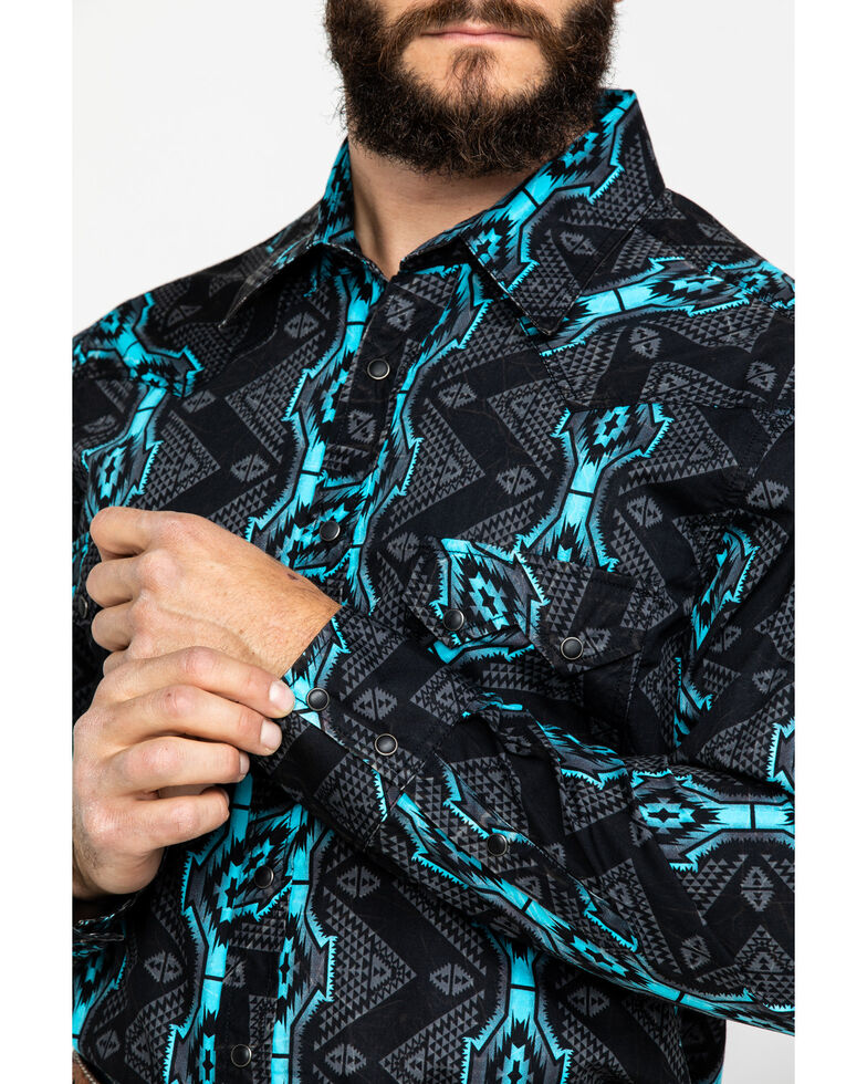 Rock & Roll Denim Men's Teal Vertical Aztec Print Long Sleeve Western Shirt