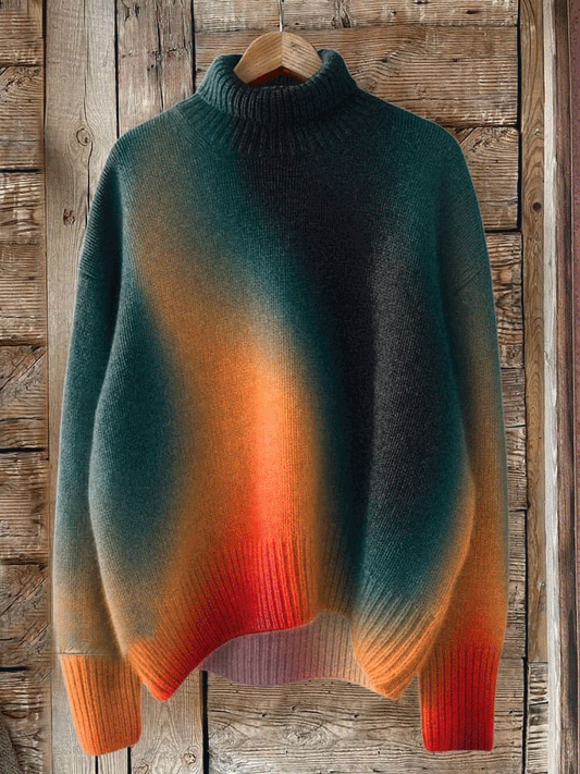 Vintage Print Knit Turtleneck Pullover Sweater