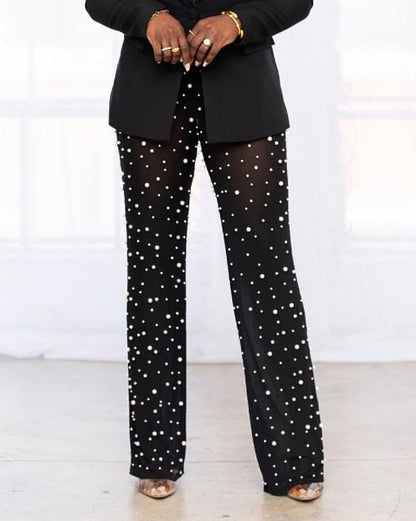 Mesh Beaded Wide-Leg Beaded Trousers