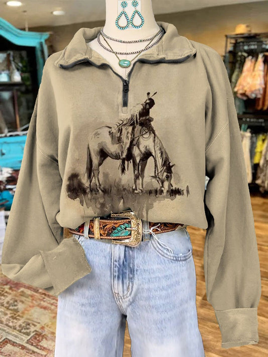 Western Print Casual Long Sleeve Zip Sweatshirt