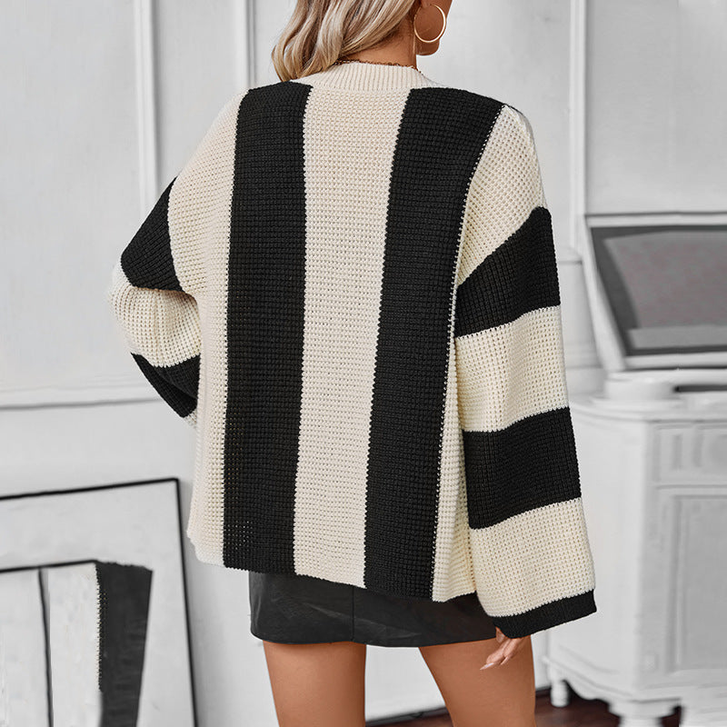 Contrast Color Striped Cardigan Sweater Women's Knitted Sweater