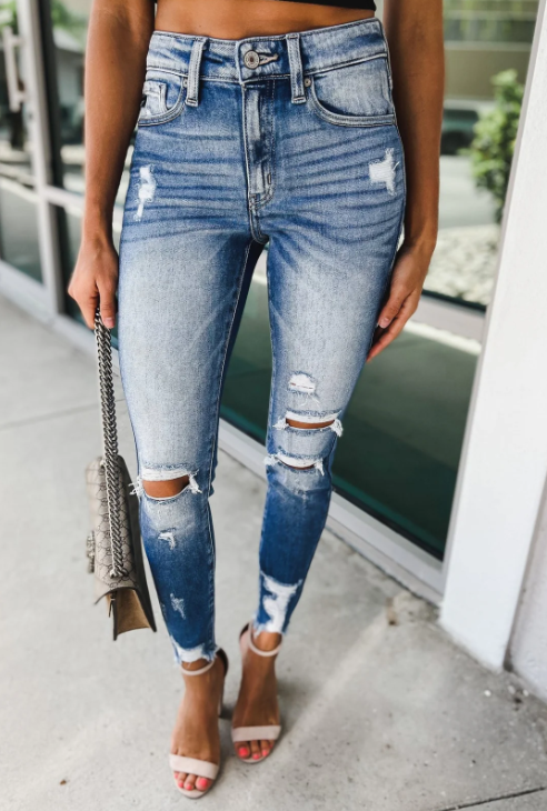 Vintage Casual Washed High Waist  Slim Fit Ripped Jeans