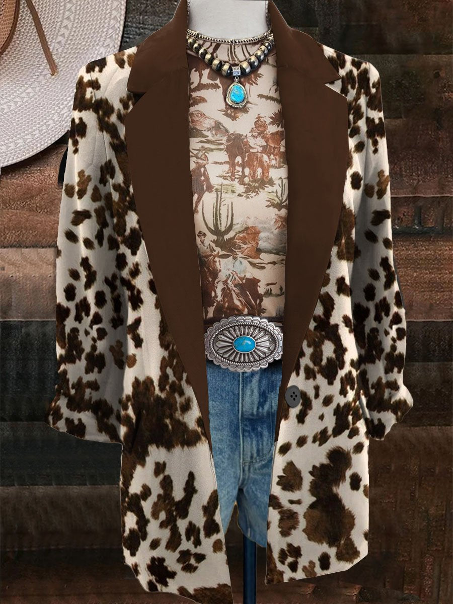 Women's Brown Cow Print 3/4 Sleeve Casual Blazer