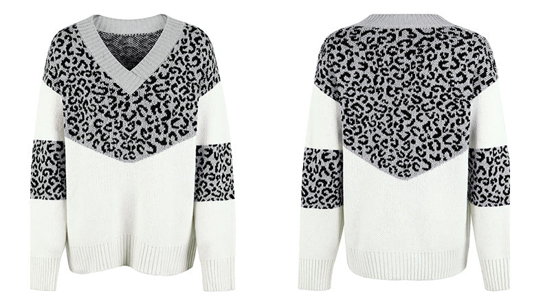 Women's V-neck Pullover Contrasting Leopard Print Sweater