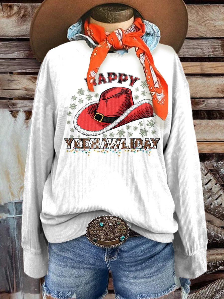 Women's Christmas Western Cowboy Hat Happy Yeehawliday Casual Print Corduroy Sweatshirt