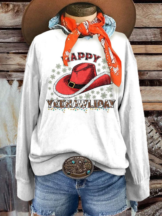 Women's Christmas Western Cowboy Hat Happy Yeehawliday Casual Print Corduroy Sweatshirt