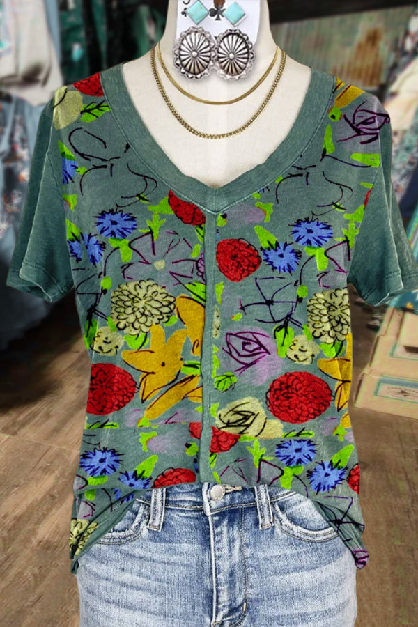 Mixed Print V-Neck T-Shirt