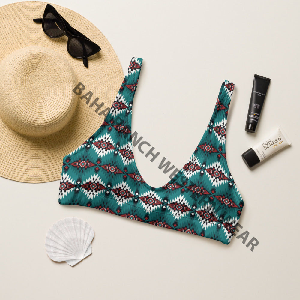 Ready to Ship Yeehaw Teal Burgandy Aztec Bikini Top Size LARGE