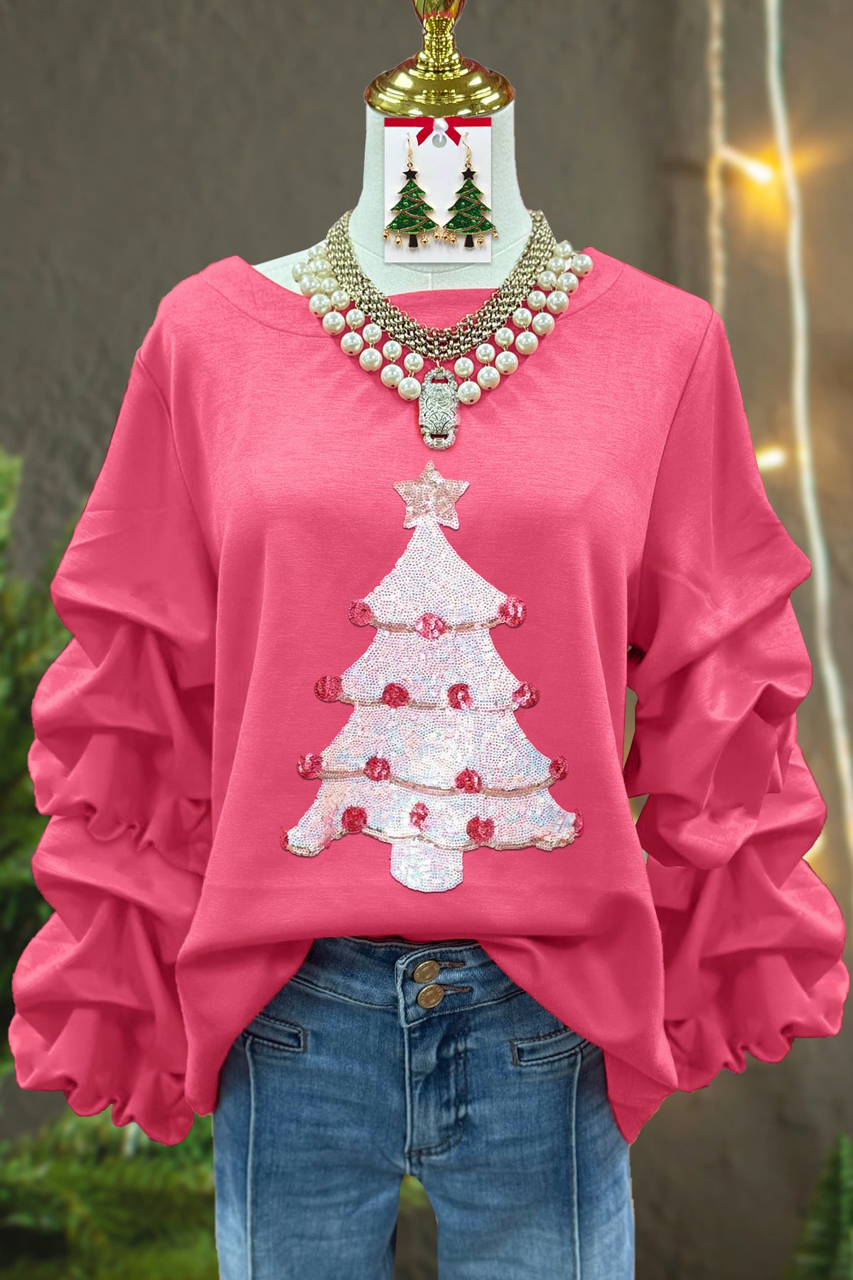 Sweet Christmas Tree Sequined Pleated Sweatshirt