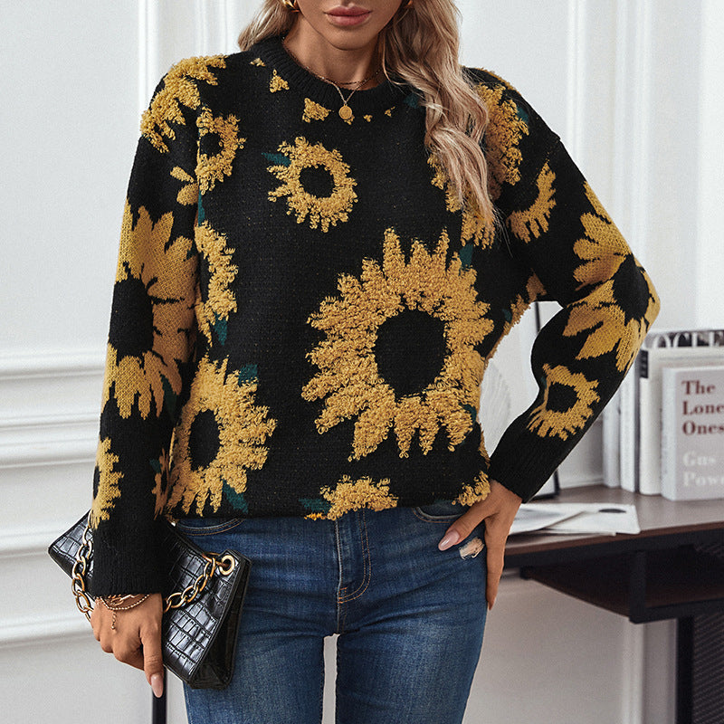 New Autumn And Winter Tops, Sunflower Round Neck Long-sleeved Knitted Pullover Sweaters For Women