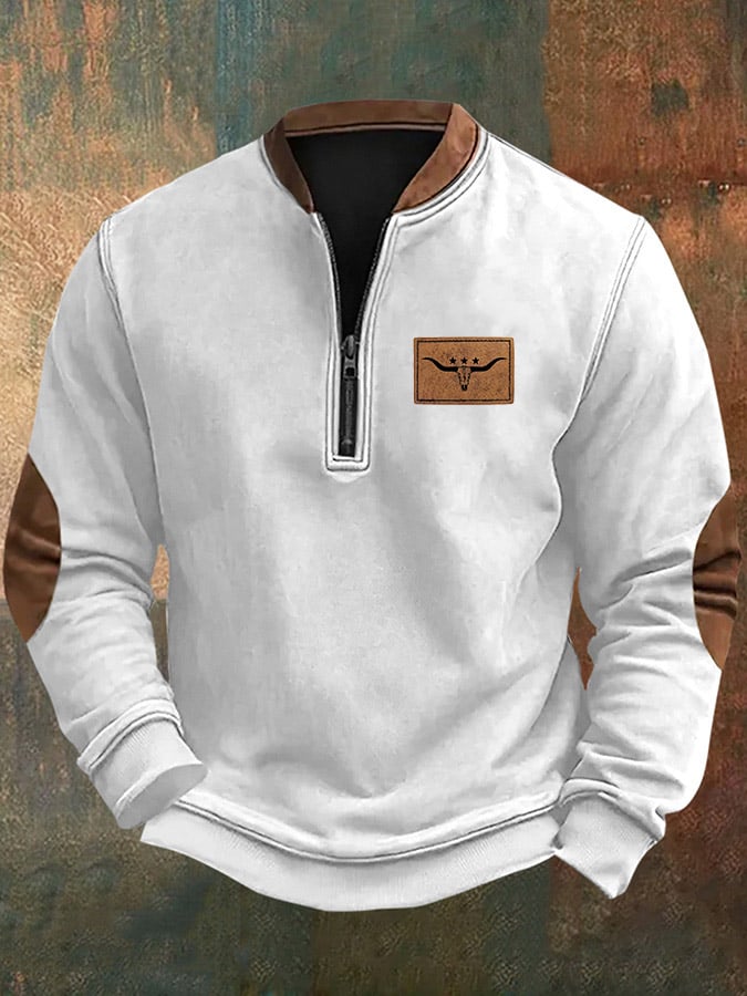 Men's Vintage Western Elk Print Zip-Up Sweatshirt