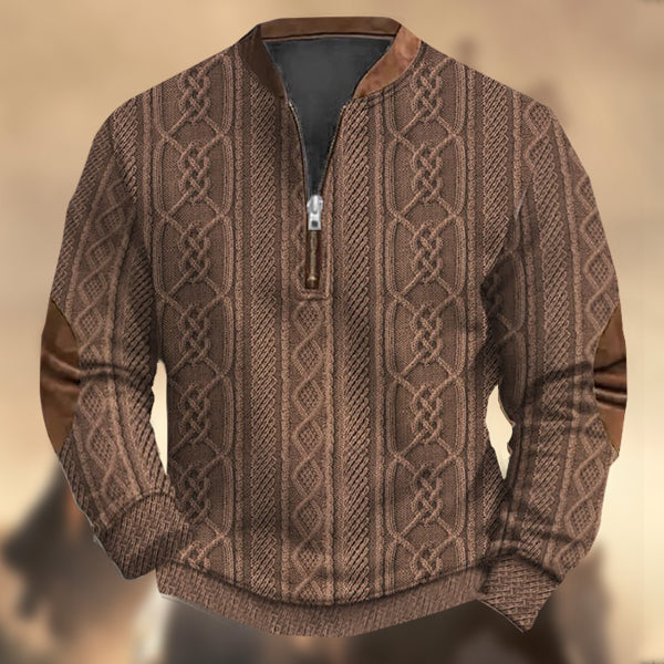 Men's Vintage Western Knit Print Zipper Stand Collar Casual Sweatshirt