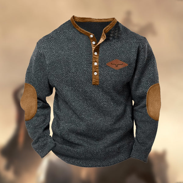 Men's Vintage Cashmere Elbow Patch Western Hunting Sweatshirt Outdoor Casual Henley Long Sleeve Sweatshirt