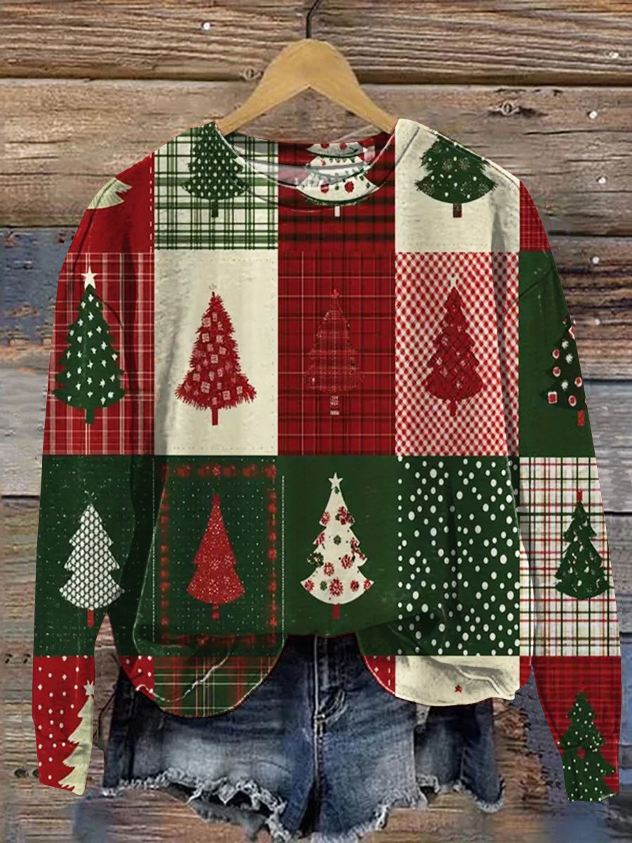 Vintage Christmas Patchwork Art Print Casual Sweatshirt