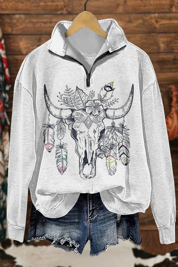 Retro Western Cowboy Longhorn Print Sweatshirt